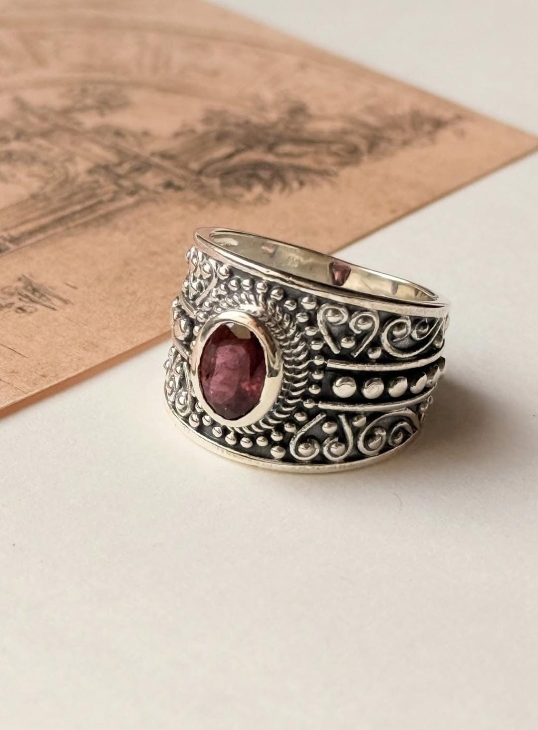 Vintage inspired boho silver ring with natural pink tourmaline