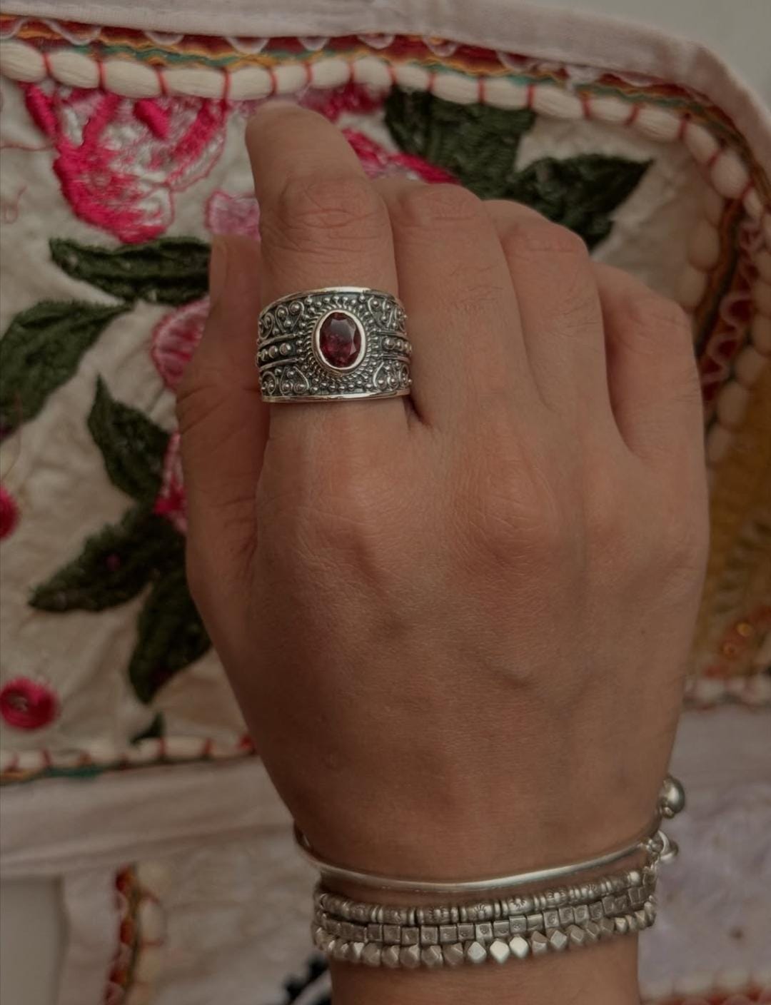 Bold bohemian statement ring in sterling silver with pink tourmaline