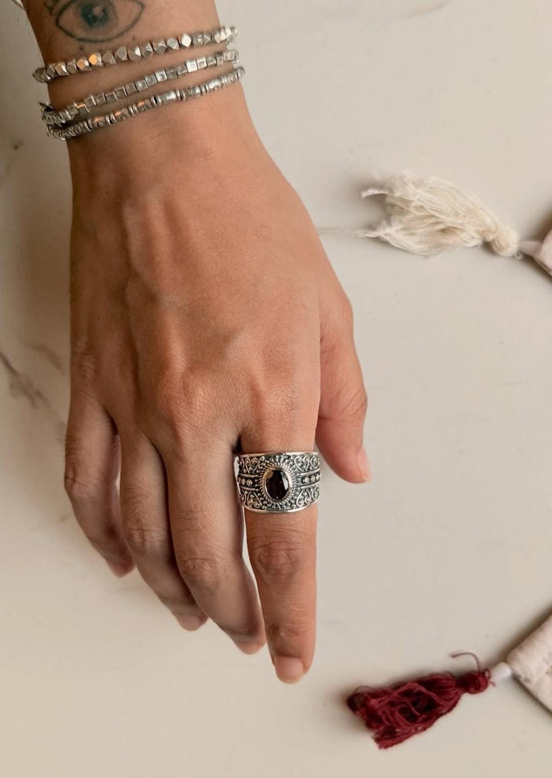Bohemian style pink tourmaline statement ring in 925 silver