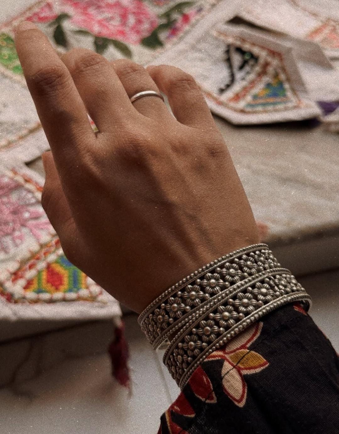 Antique Boho Flower Motifs Statement 925 Sterling Silver Bangles