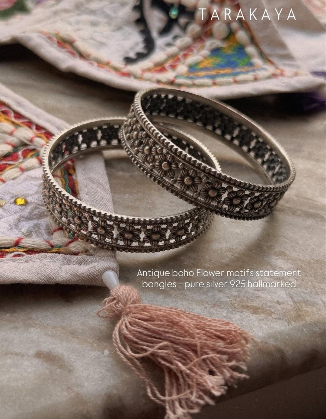Antique Boho Flower Motifs Statement 925 Sterling Silver Bangles