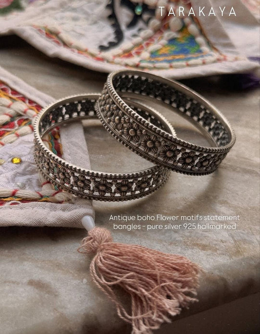 Antique Boho Flower Motifs Statement 925 Sterling Silver Bangles