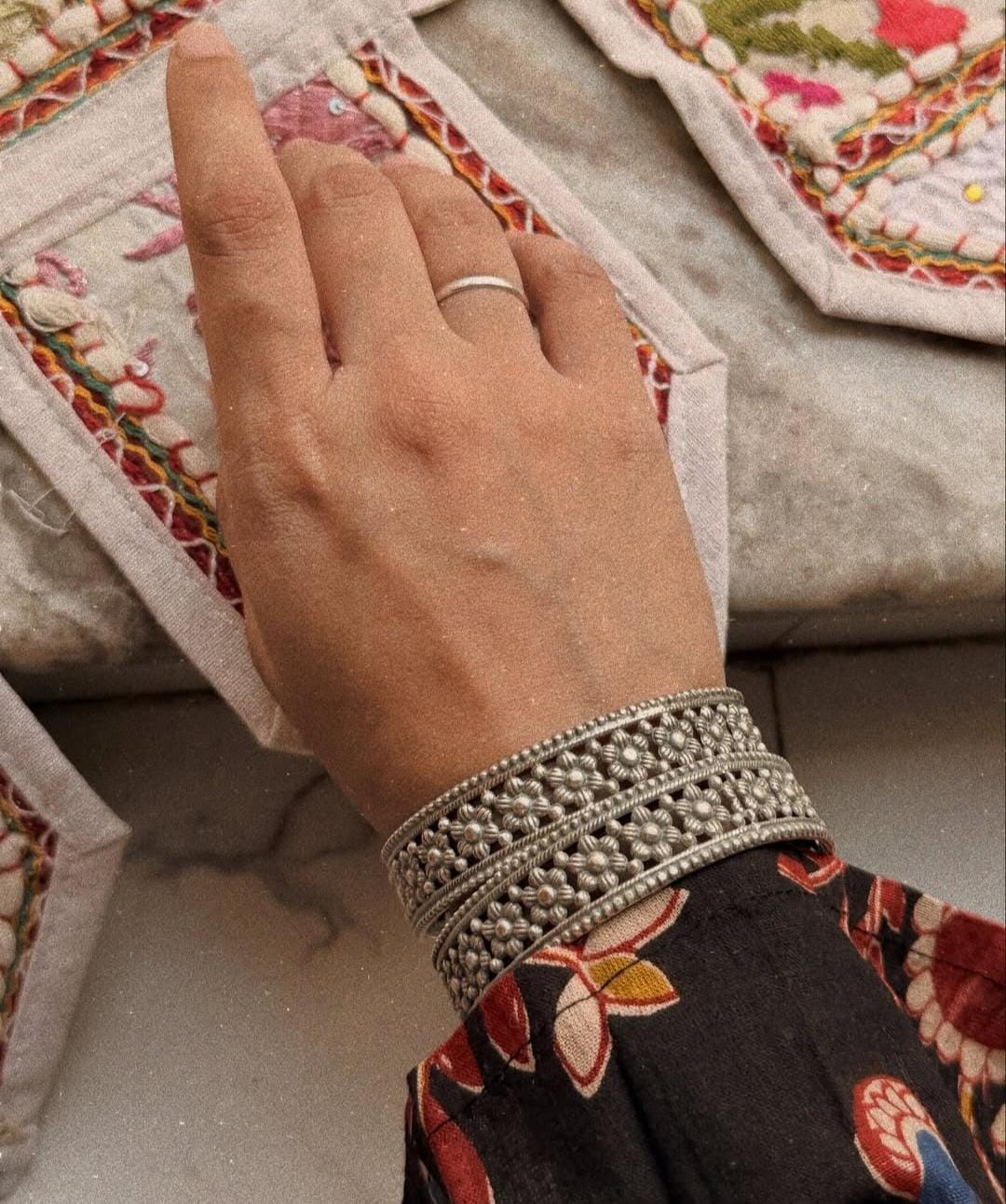 Antique Boho Flower Motifs Statement 925 Sterling Silver Bangles
