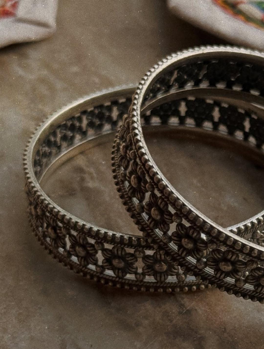 Antique Boho Flower Motifs Statement 925 Sterling Silver Bangles
