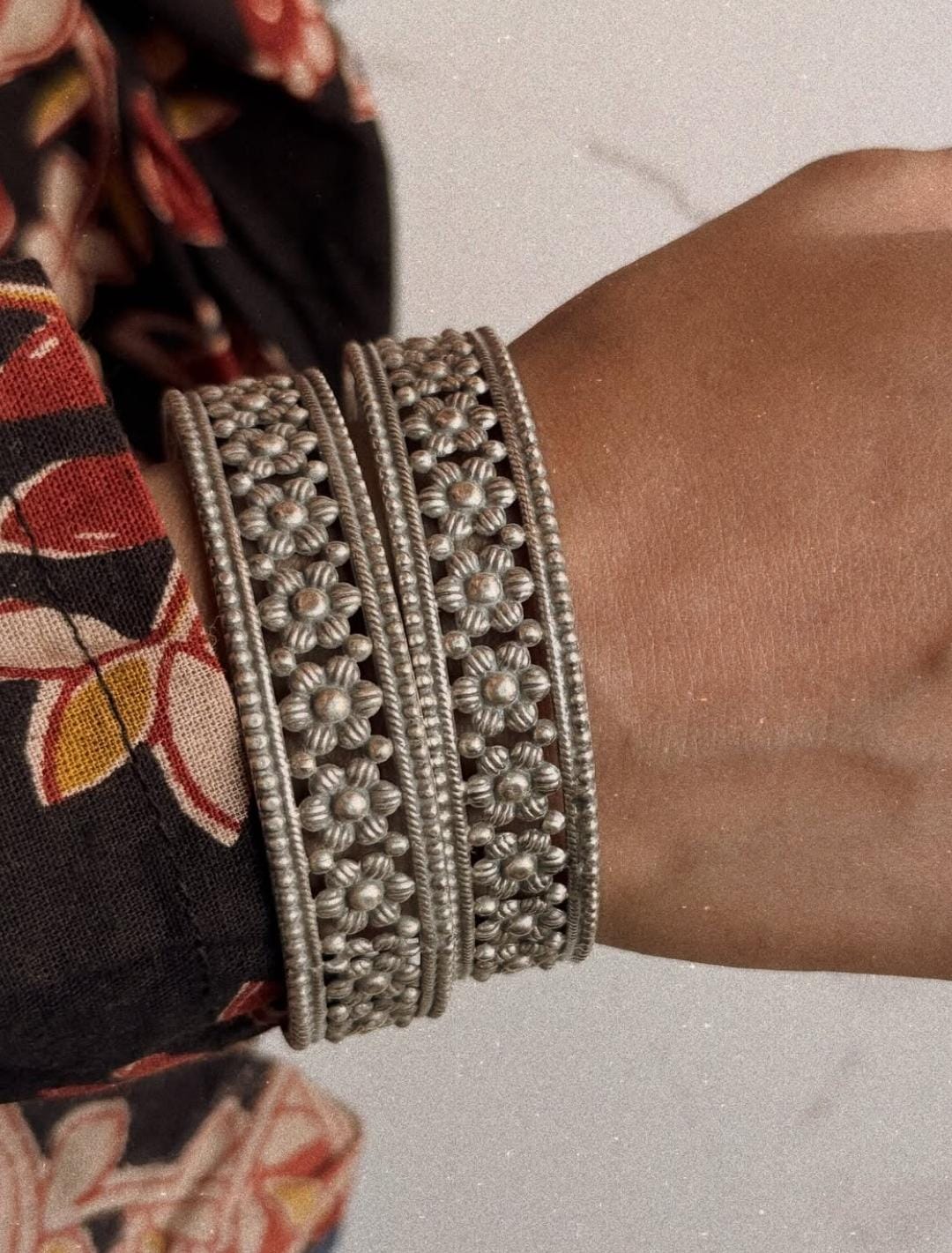 Antique Boho Flower Motifs Statement 925 Sterling Silver Bangles