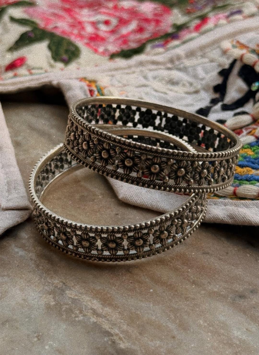 Antique Boho Flower Motifs Statement 925 Sterling Silver Bangles
