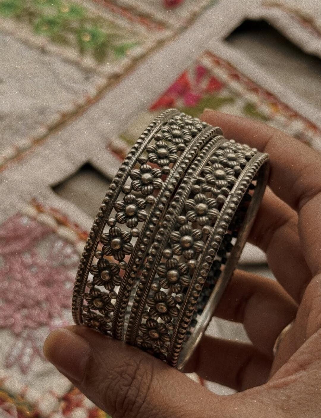 Antique Boho Flower Motifs Statement 925 Sterling Silver Bangles