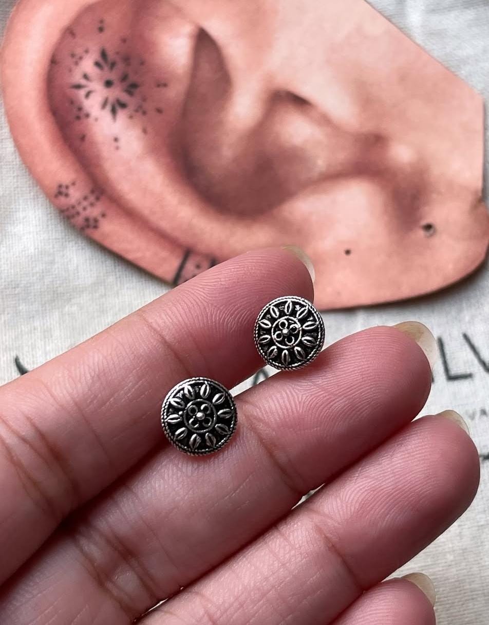 Antique Plain Oxidised Boho Studs 925 Sterling Silver Earrings