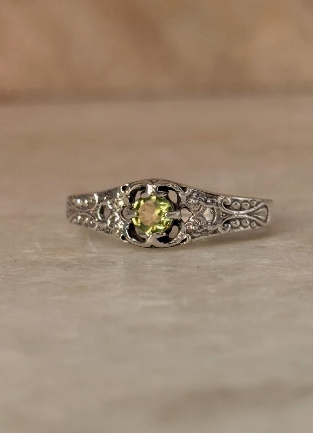 Handmade Peridot Solitaire 925 Silver Ring with Vintage Detailing