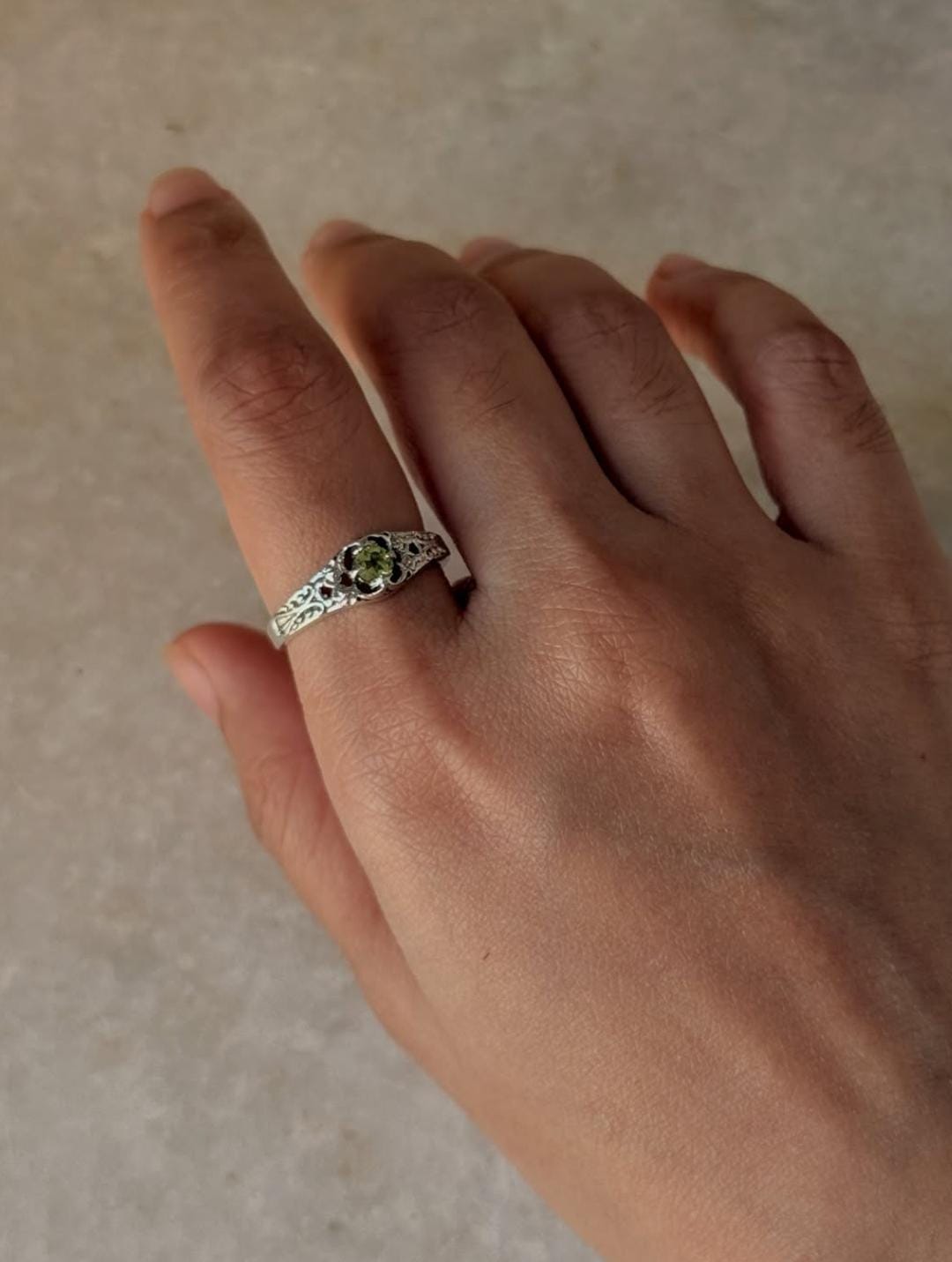 Handmade Peridot Solitaire 925 Silver Ring with Vintage Detailing