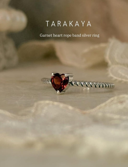 Garnet Heart Solitaire Rope Band 925 Sterling Silver Ring