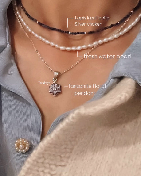 Necklaces: 925 Sterling Silver Elegant Necklaces with healing crystals Layered silver necklace with charm pendants Handcrafted silver choker with pearl details