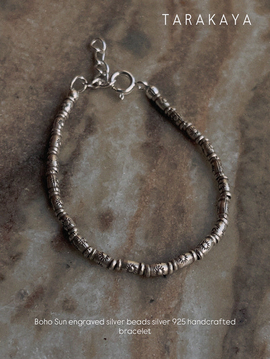 Sun Engraved Cylinder Handcrafted Stackable Sterling Silver 925 Bracelet