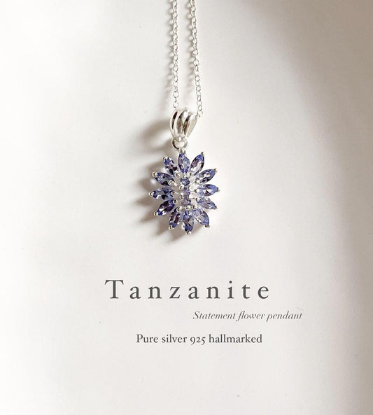 Tanzanite statement flower sterling silver pendant