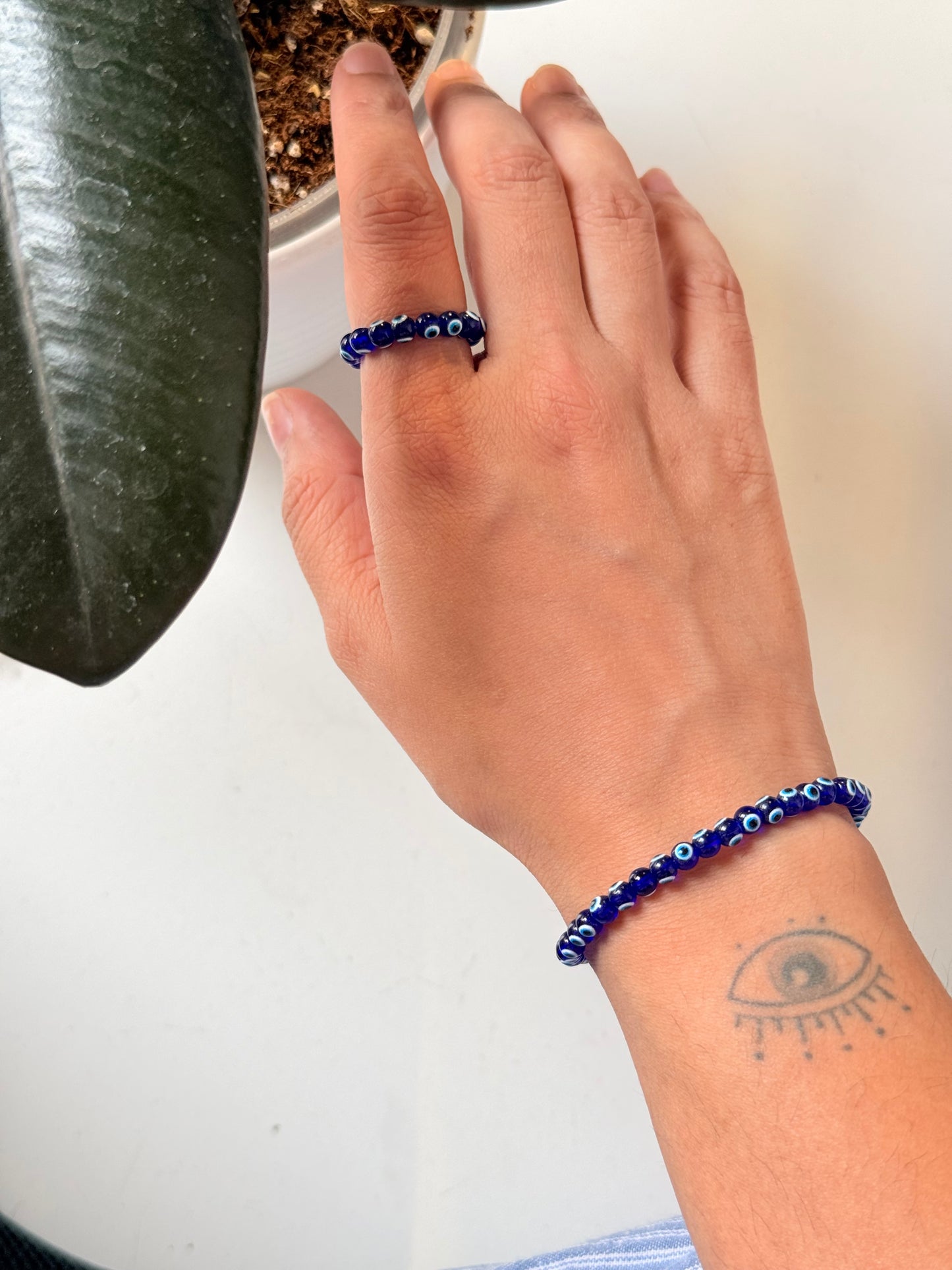 Natural Crystal Evil Eye 4mm Stretchy Rings & Bracelet