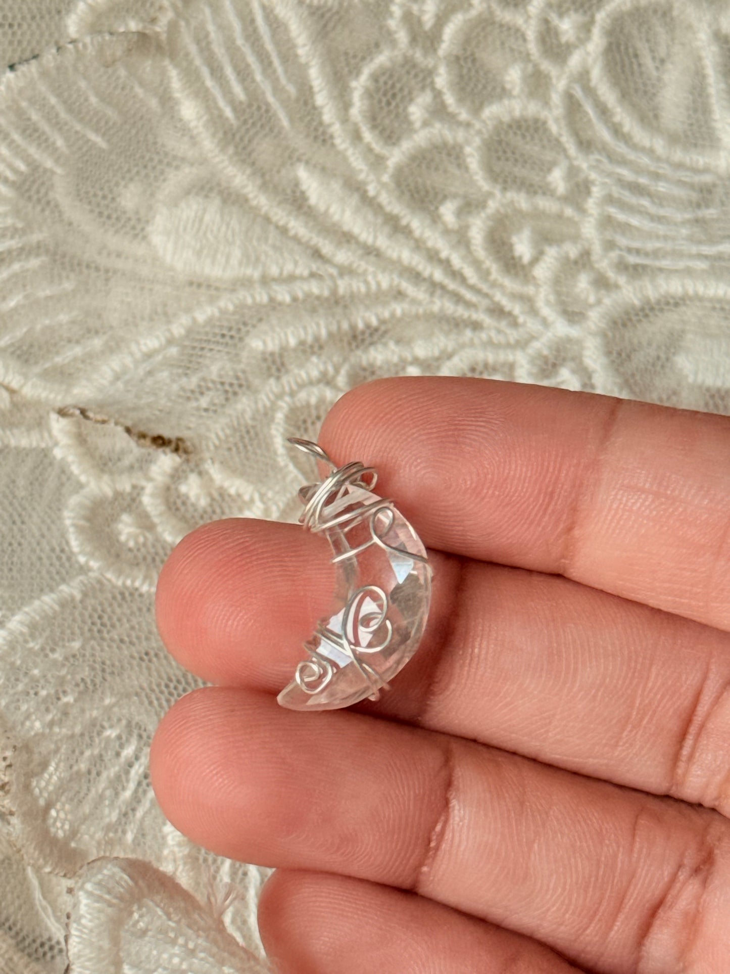 925 Sterling Silver Clear Quartz Moon Wire Wrapped Handcrafted Pendant