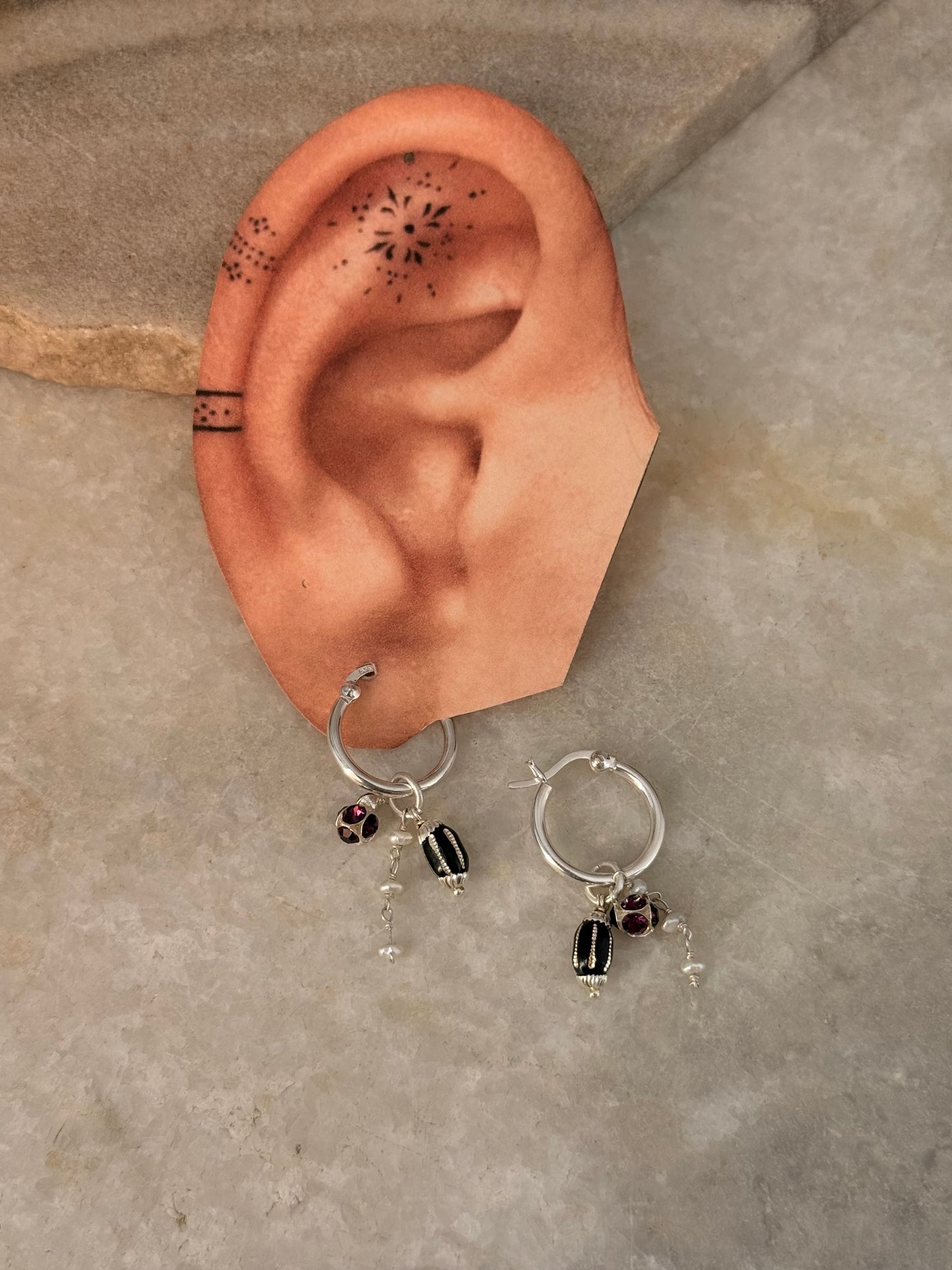 925 Sterling Silver Black, Burgundy Pearl Removal Charm Italian Hoops