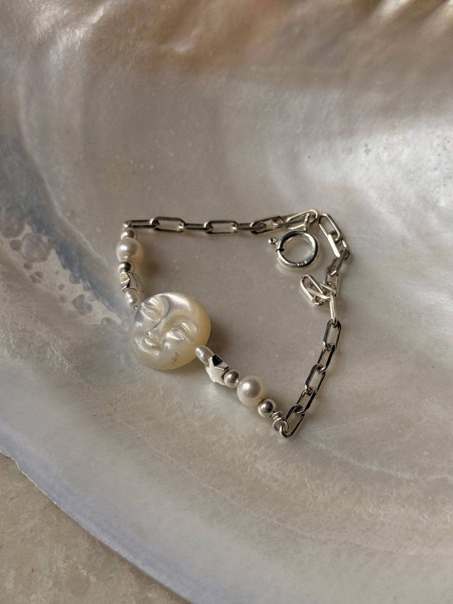925 Sterling Silver Mother of Pearl Moon Face Carved, Fresh Water Pearls & Silver Stars, Paper Clip Self Designed Handcrafted Bracelet