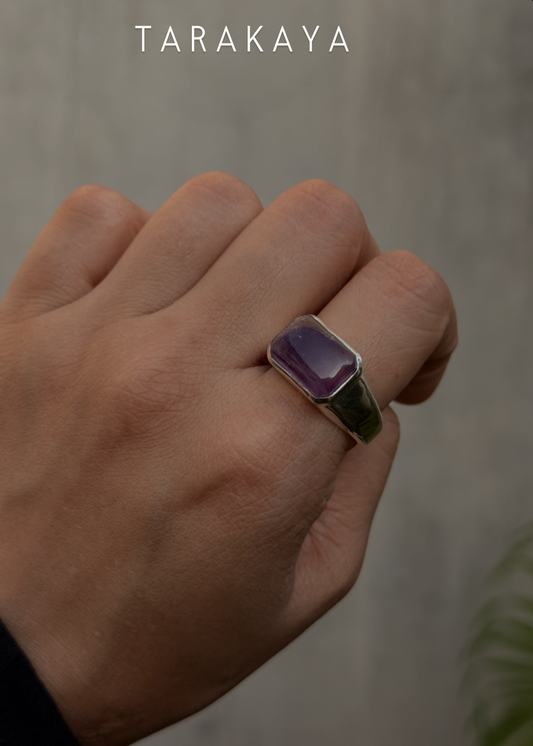 925 Sterling Silver Amethyst Rectangular Signet Unisex Ring