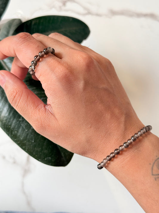 Natural Crystal Smokey Quartz 4mm Stretchy Ring & Bracelet