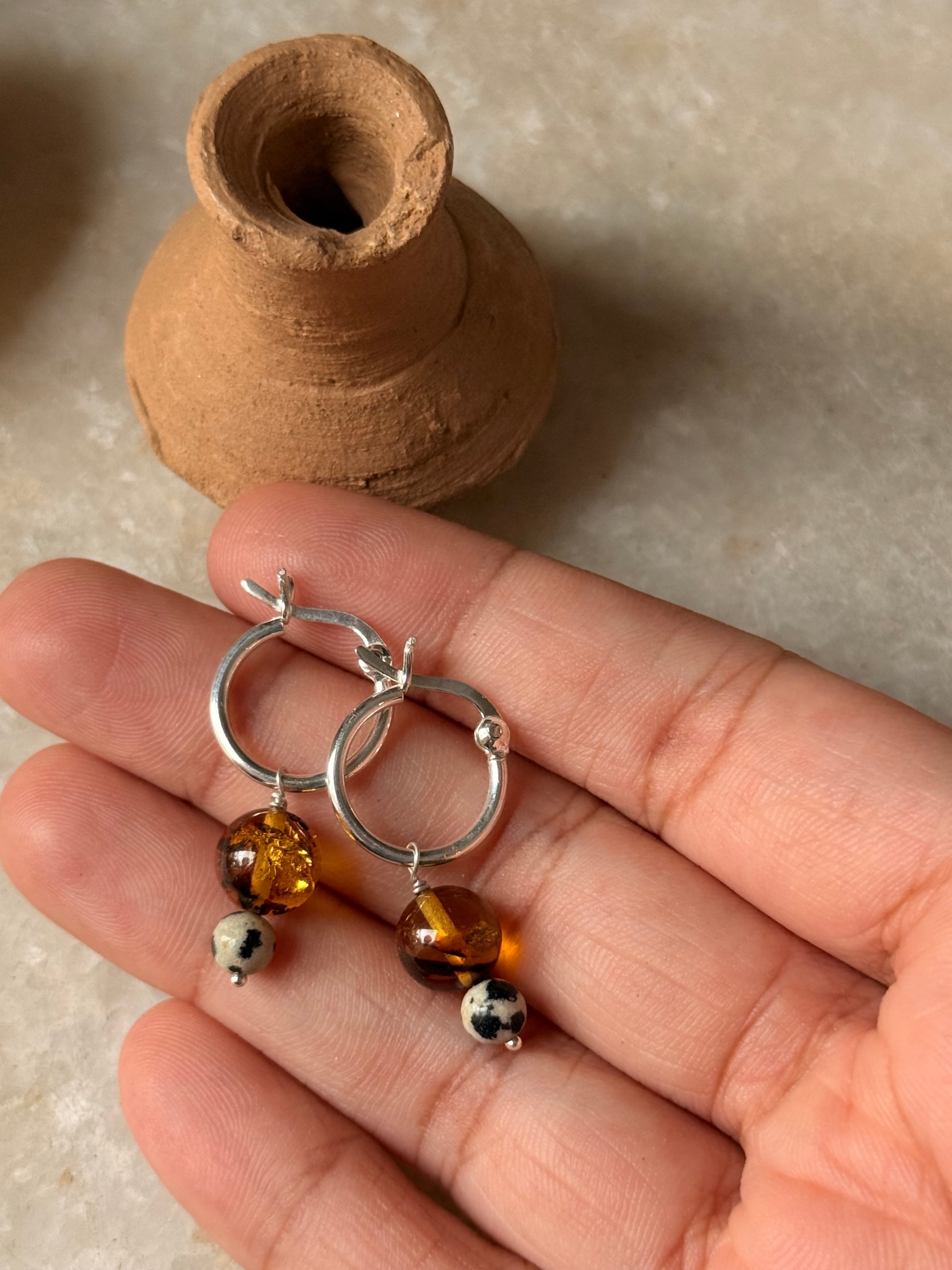 925 Sterling Silver Amber, Dalmation Jasper Italian Hoops