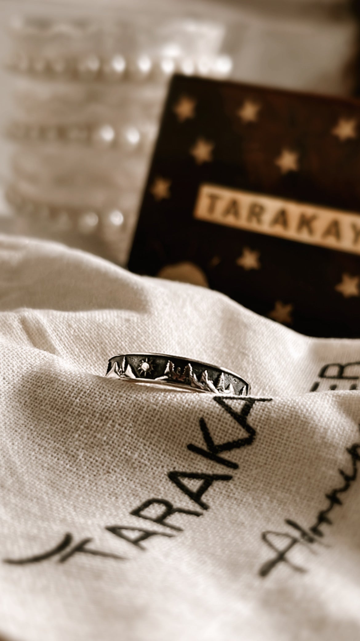Sterling Silver Adjustable Ring with Pine Trees, Sun, and Mountain Symbolism