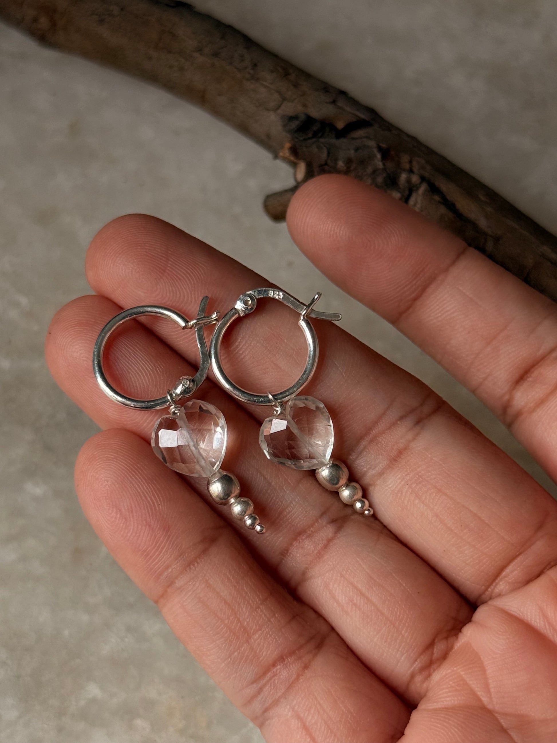 925 Sterling Silver Clear Quartz Heart, Balls Italian Hoops