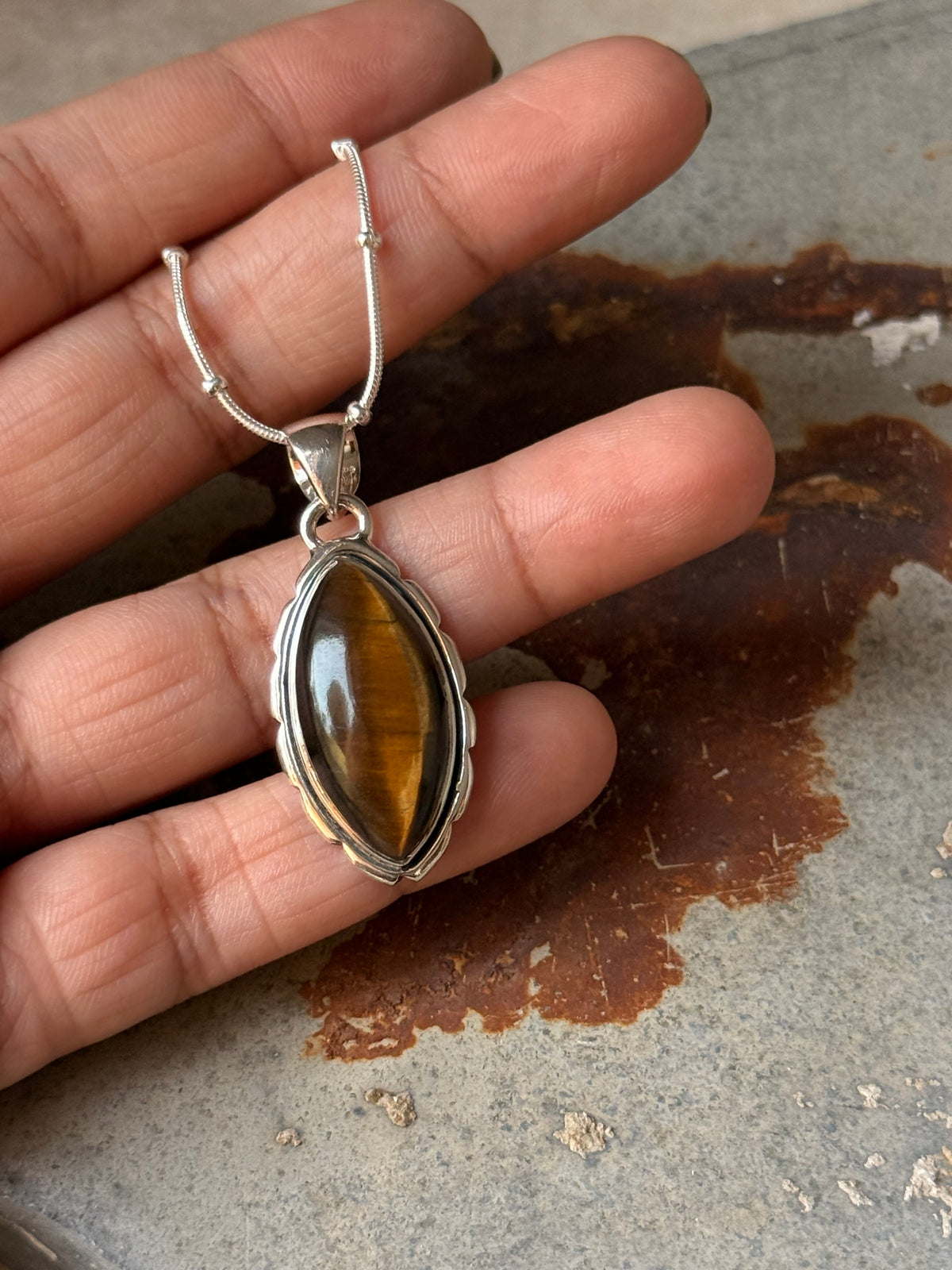 925 Sterling Silver Tiger Eye Marquise Handcrafted One of a Kind Pendant