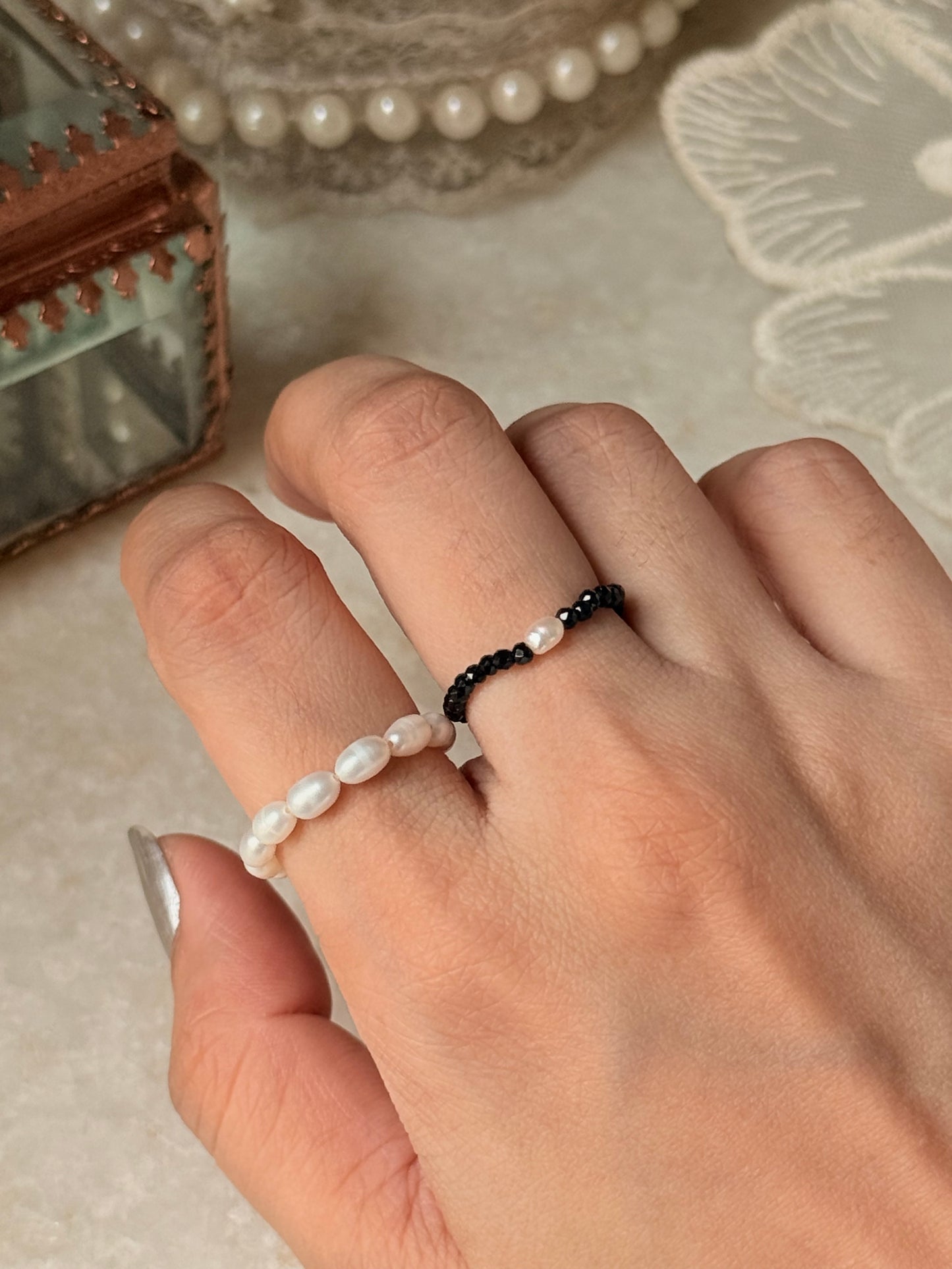 Natural Crystal Stretchy Fresh Water Pearl & Black Spinel Pearl Rings