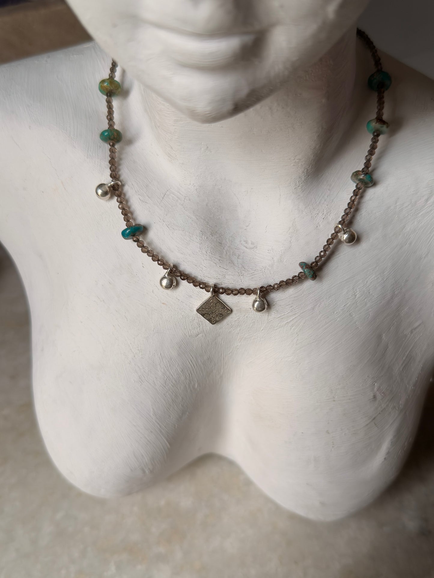 Smokey Quartz, Kingsman Turquoise & Tribal Engraved Charm - Ghungroo Charms  925 Sterling Silver Handcrafted Necklace