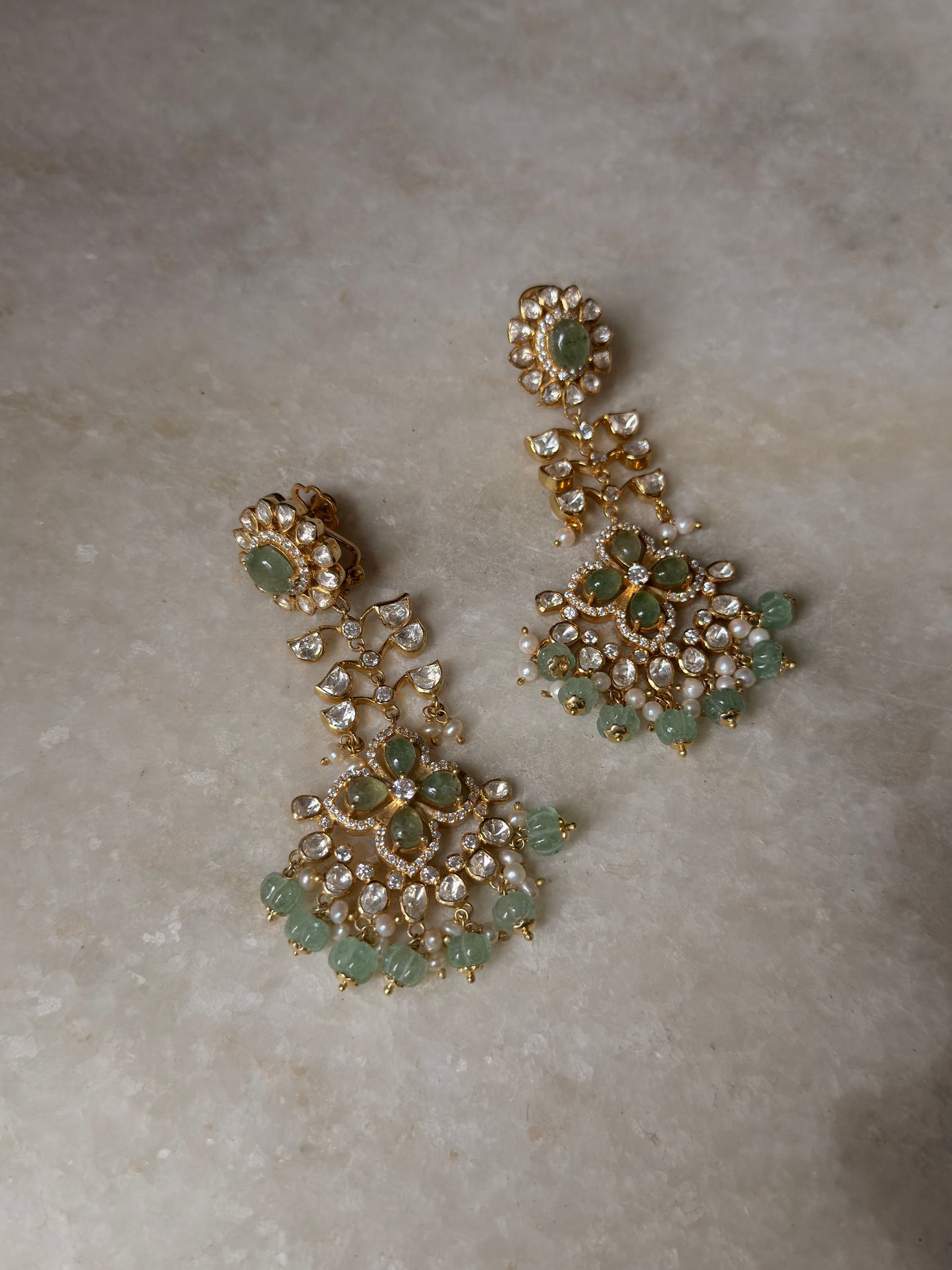 925 Sterling Silver Gold Plated Antique Moissanite Polki Green Onyx , Fresh Water Pearls Statement Earrings