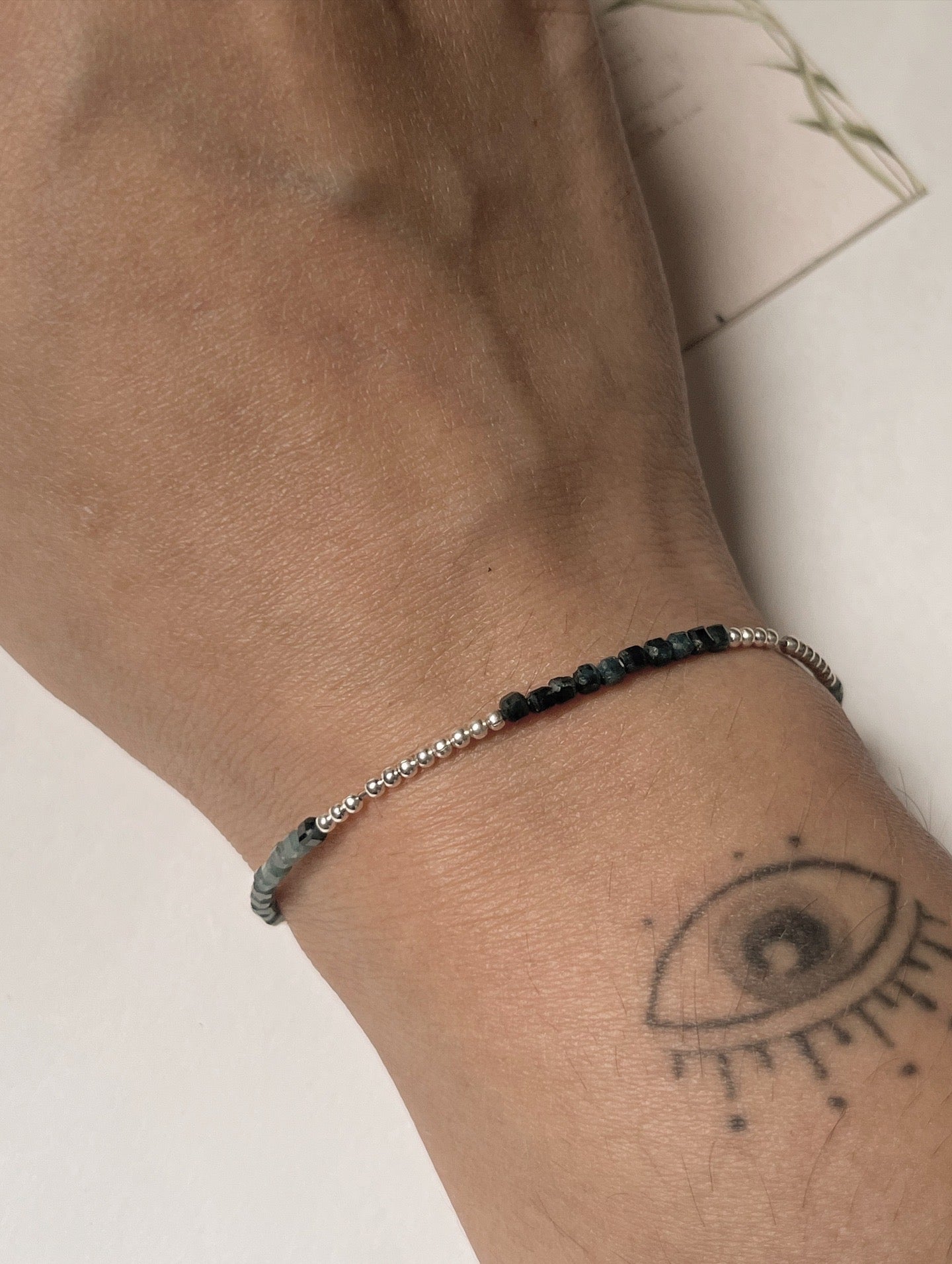 Natural Grandidierite Box Gradient & Silver 2mm Beads Handcrafted 925 Sterling Silver Bracelet