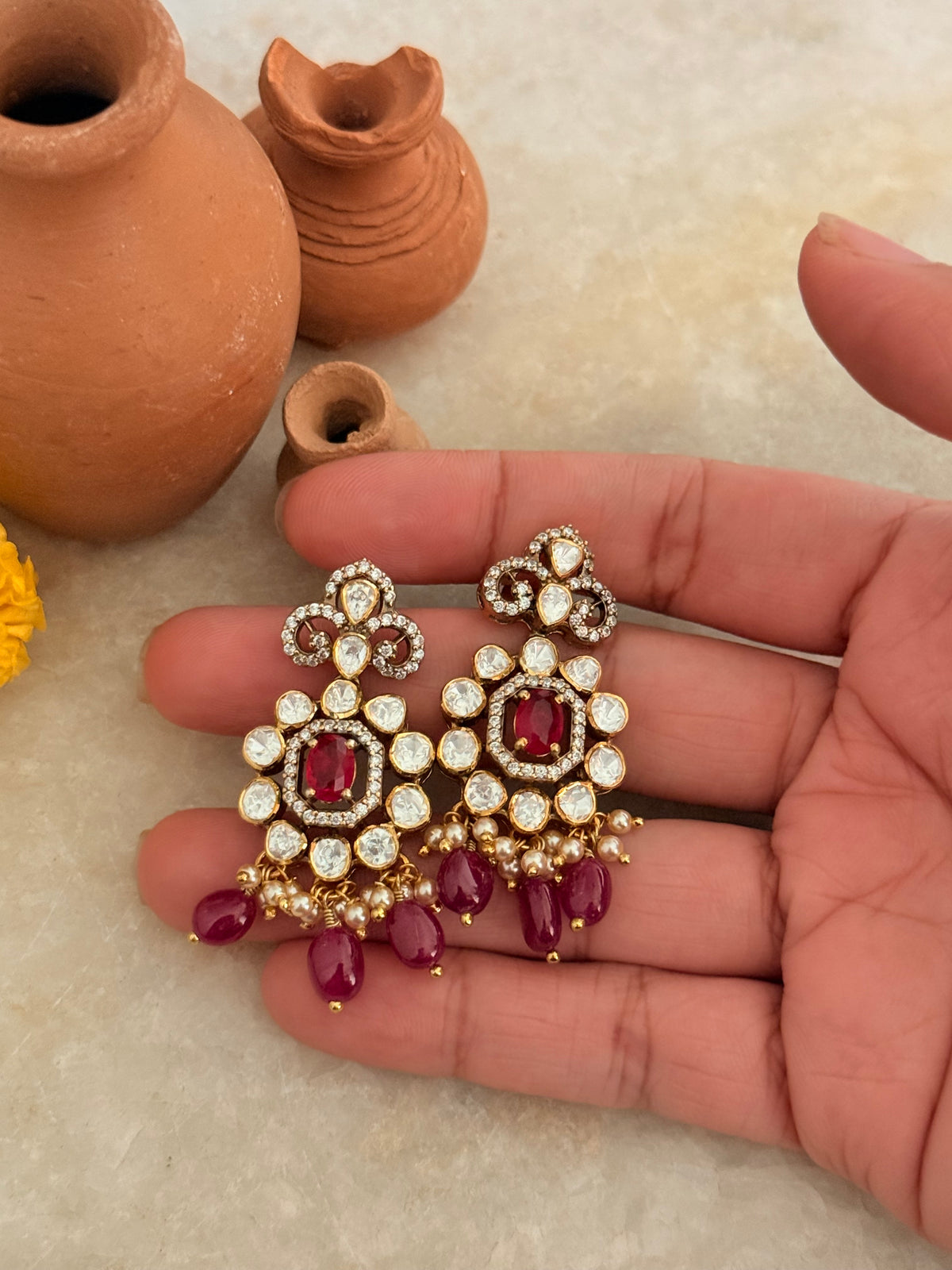 925 Sterling Silver Moissanite Polki,Dyed Ruby ,Cz & Fresh Water Pearls Gold Plated Statement Earrings