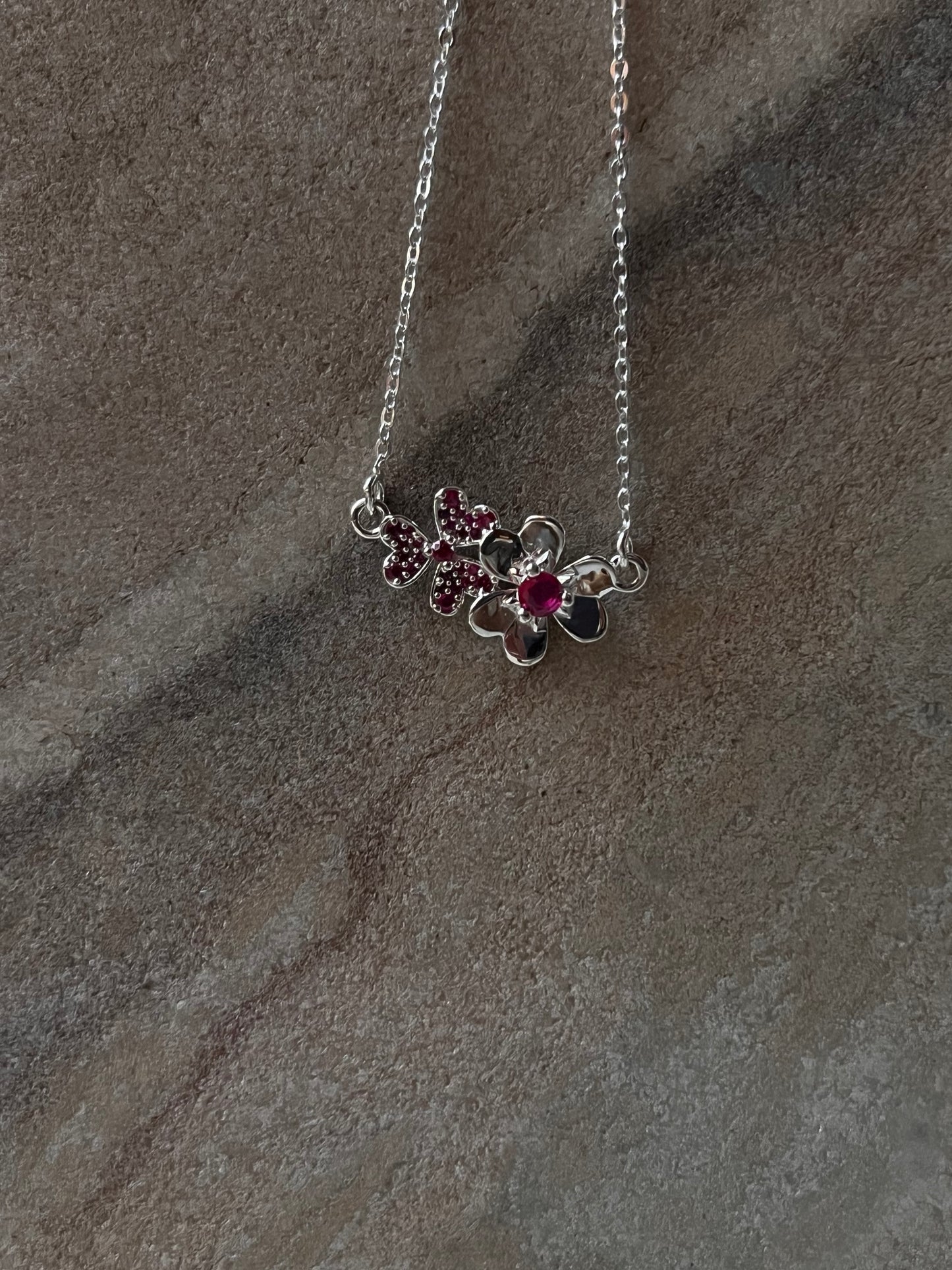 Ruby Lab Grown flowers Bouquet 925 Sterling Silver Necklace