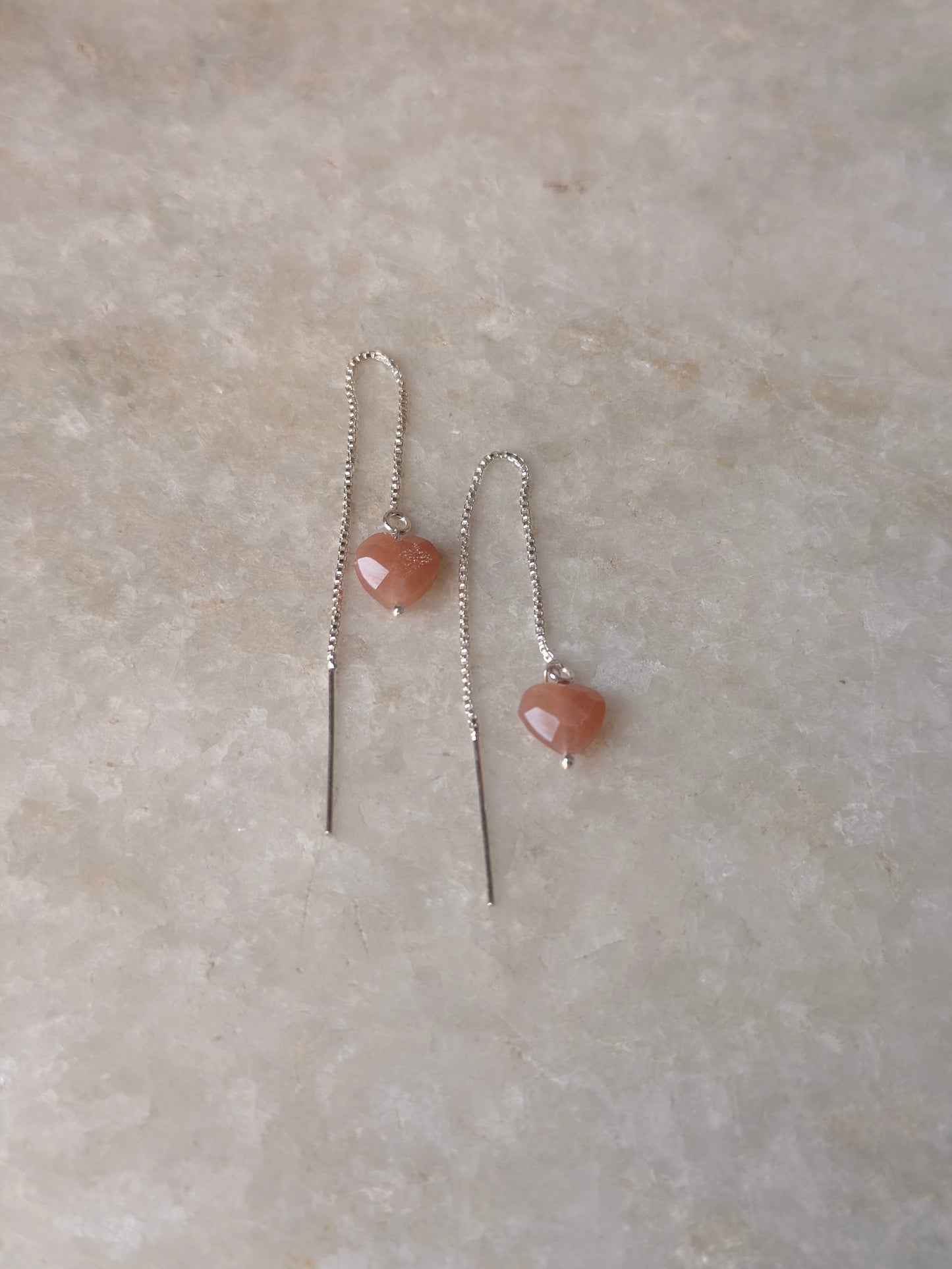 925 Sterling Silver Peach Moonstone Heart Threader/Sui Dhaga Earrings