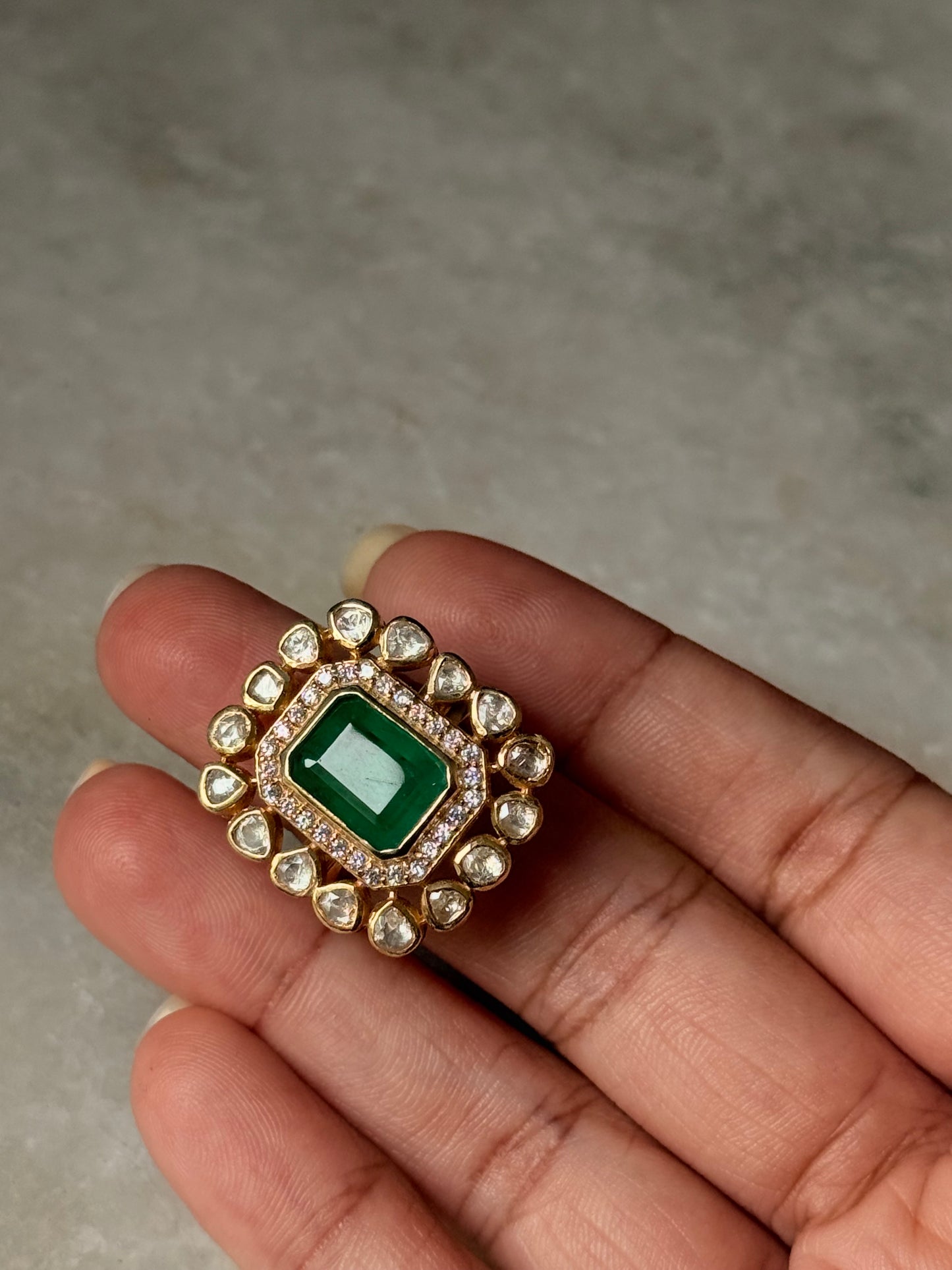 925 Sterling Silver Gold Plated Green onyx , Antique Moissanite Polki Adjustable Ring