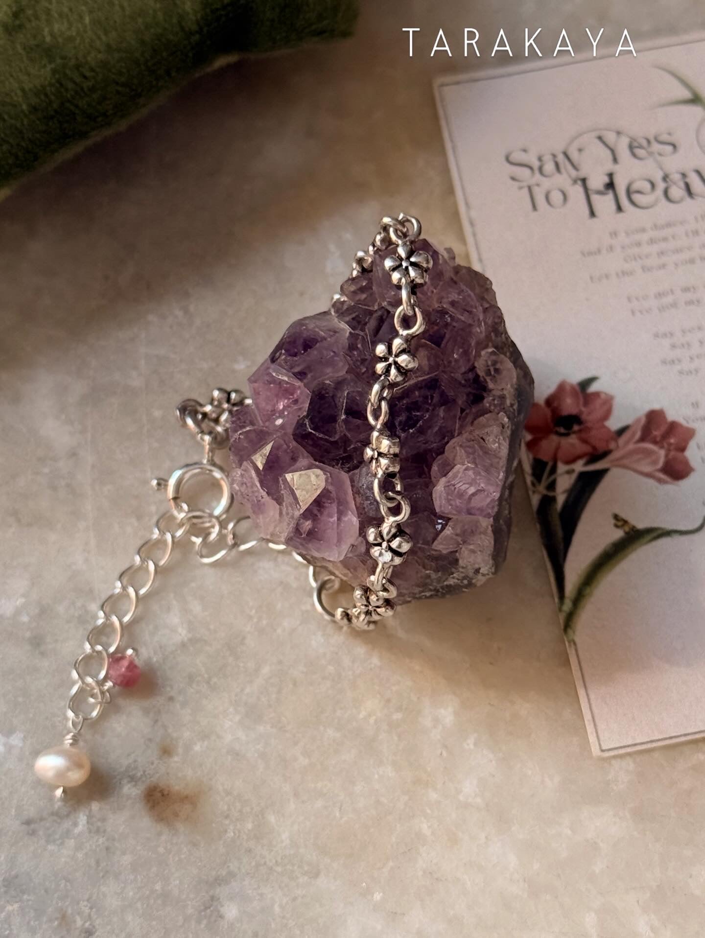 925 Sterling Silver Antique Cherry Blossom Flowers ~ Pink Tourmaline & Fresh Water Pearl Charm Bracelet