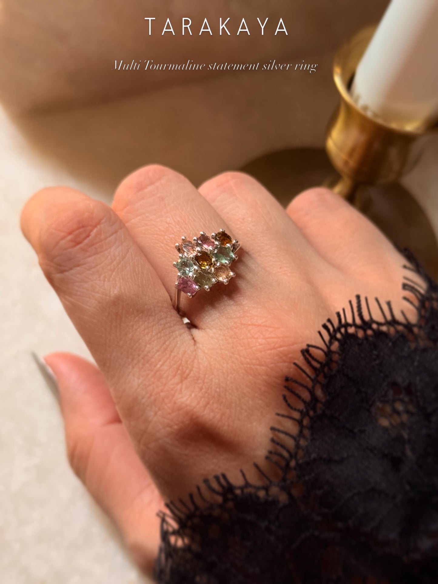 925 Sterling Silver Multi Tourmaline Flower Statement Ring