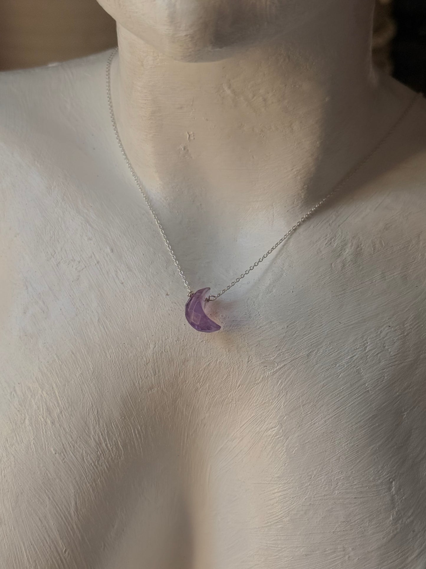 925 Sterling Silver Amethyst Moon Crescent Carved Handcrafted Necklace