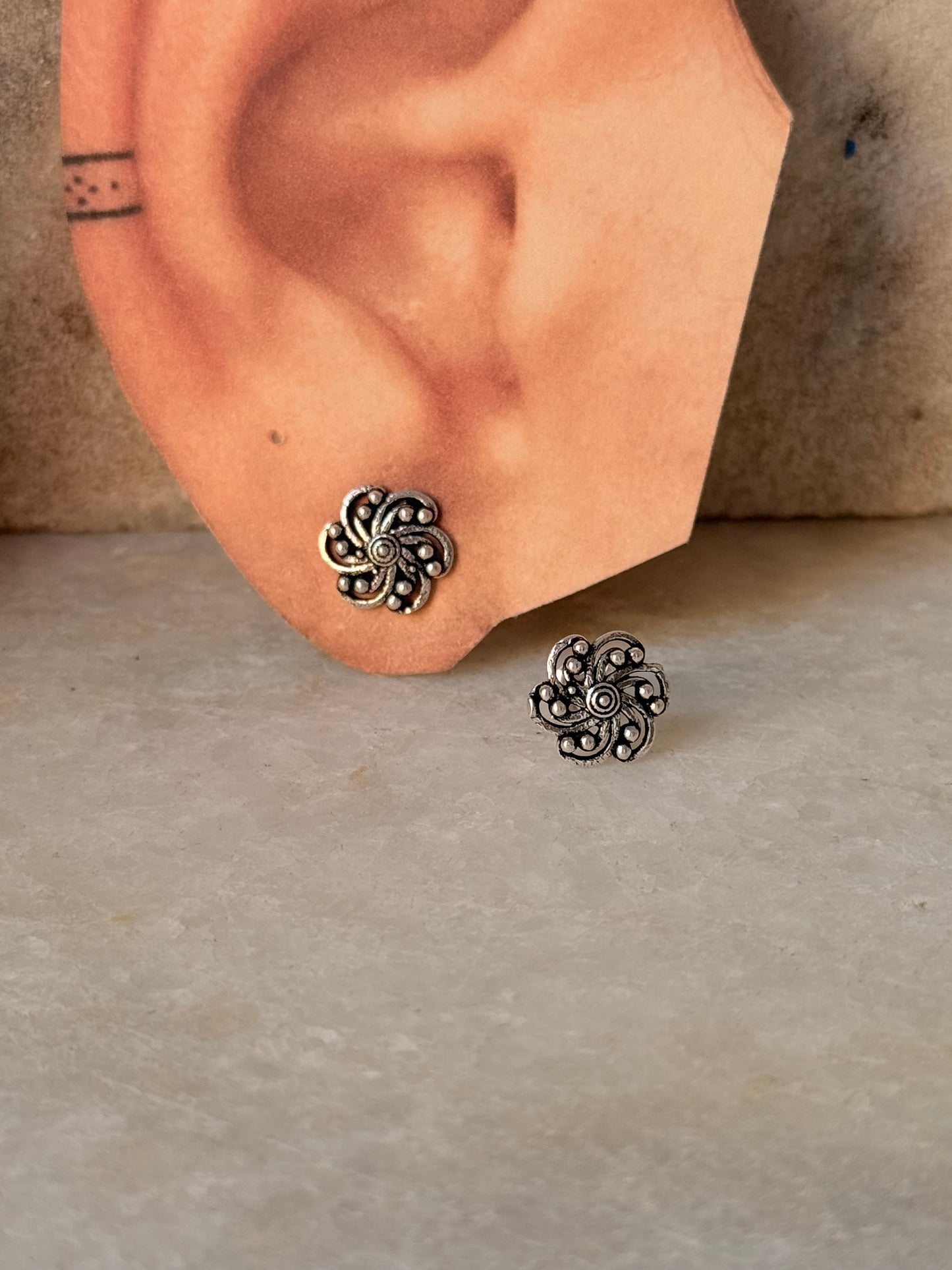 925 Sterling Silver Antique Plain Oxidised Boho Studs Earrings