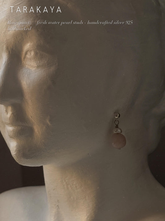 925 Sterling Silver Rose Quartz Tumble with Fresh Water Pearl Handcrafted Studs