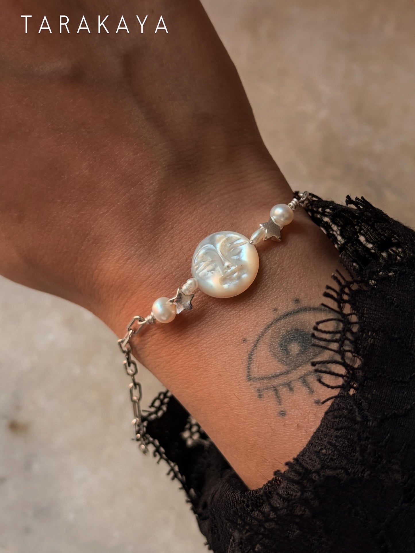 925 Sterling Silver Mother of Pearl Moon Face, Fresh Water Pearls & Silver Stars Self Designed Handcrafted Bracelet