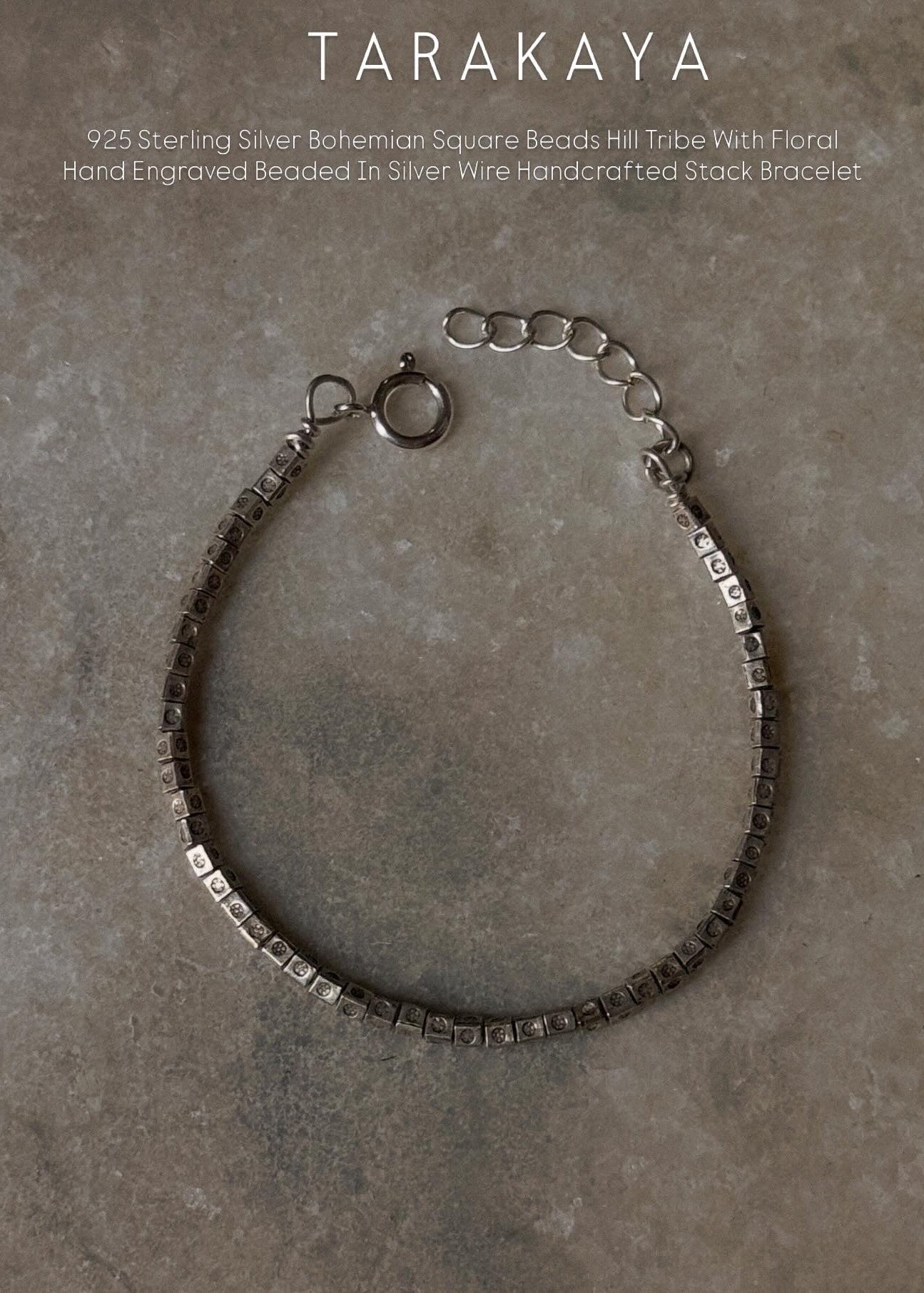 925 Sterling Silver Bohemian Square Beads Hill Tribe With Floral Hand Engraved Beaded In Silver Wire Handcrafted Stack Bracelet