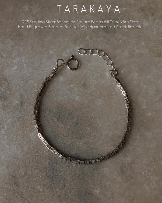 925 Sterling Silver Bohemian Square Beads Hill Tribe With Floral Hand Engraved Beaded In Silver Wire Handcrafted Stack Bracelet