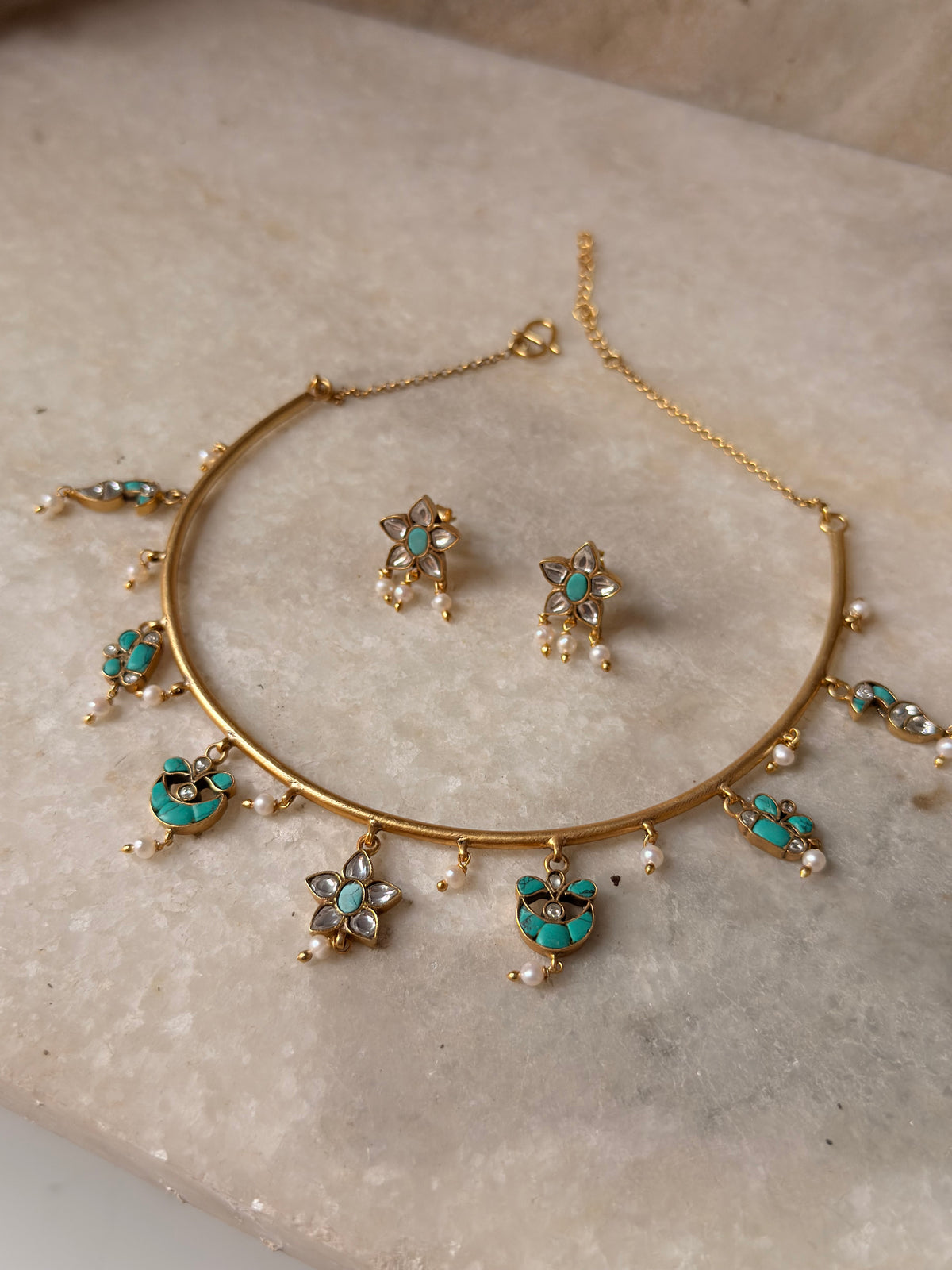 925 Sterling Silver Turquoise , Fresh Water Pearls & Kundan Polki Handcrafted Gold Plated Necklace Set