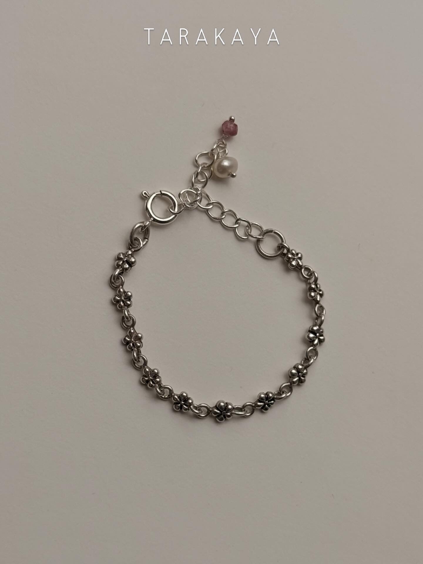 925 Sterling Silver Antique Cherry Blossom Flowers ~ Pink Tourmaline & Fresh Water Pearl Charm Bracelet
