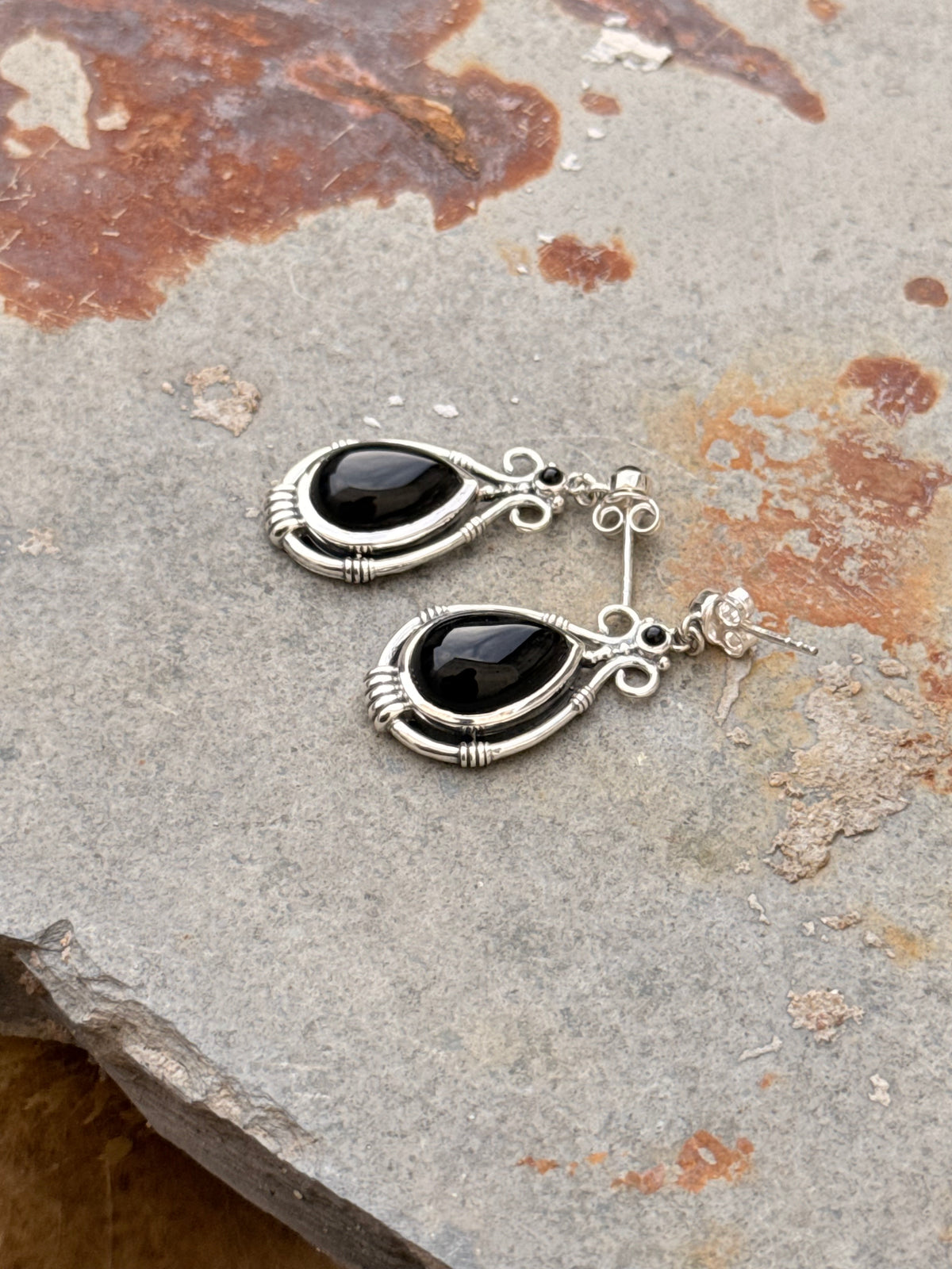 925 Sterling Silver Black Onyx Pear Gothic Handcrafted Studs Earrings