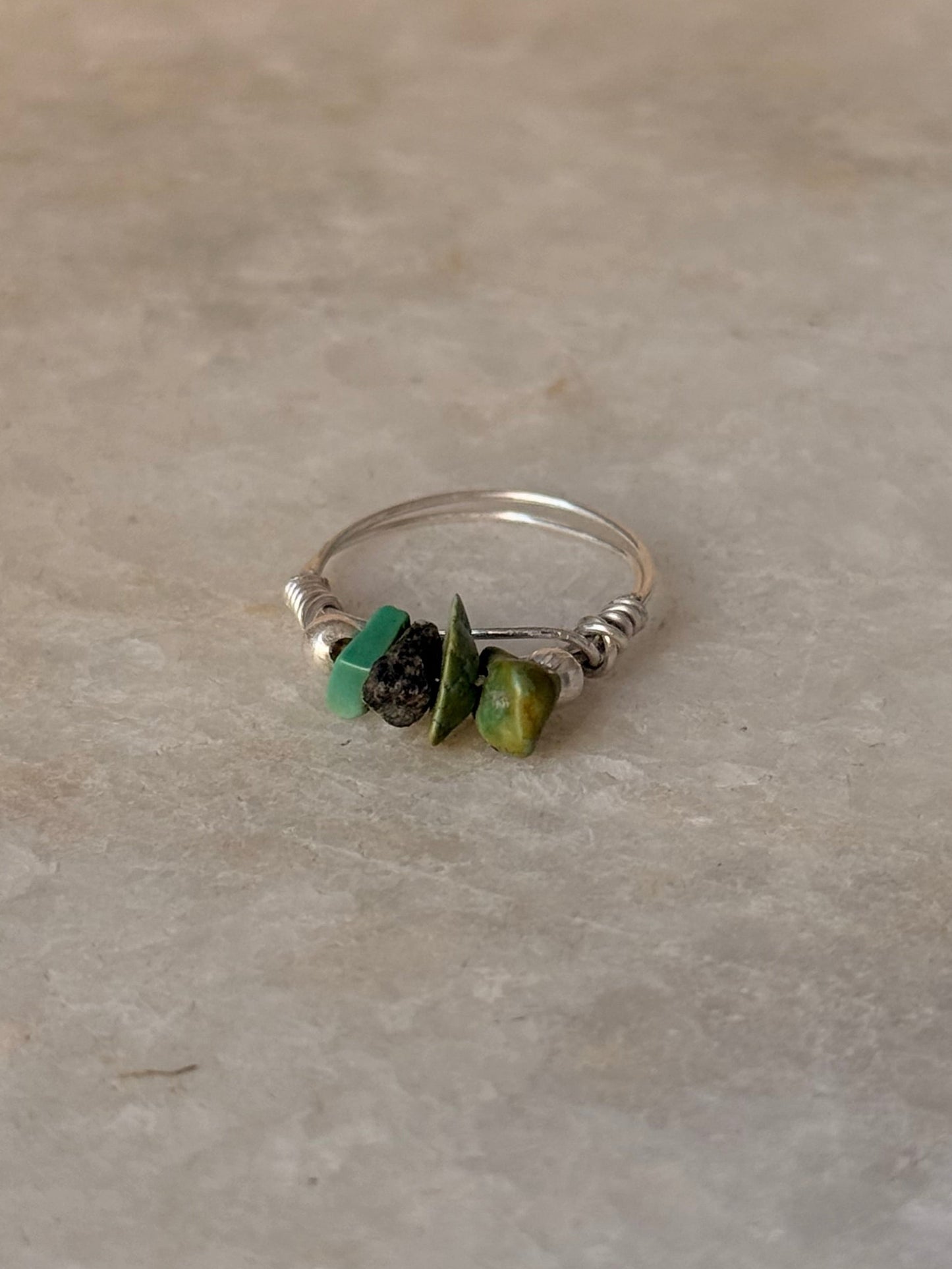 925 Sterling Silver Turquoise Chips With Silver Balls Wire Wrapped Handcrafted Ring