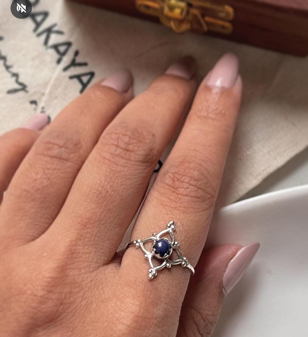 Handcrafted Lapis Lazuli Flower Silver Ring with Intricate Details
