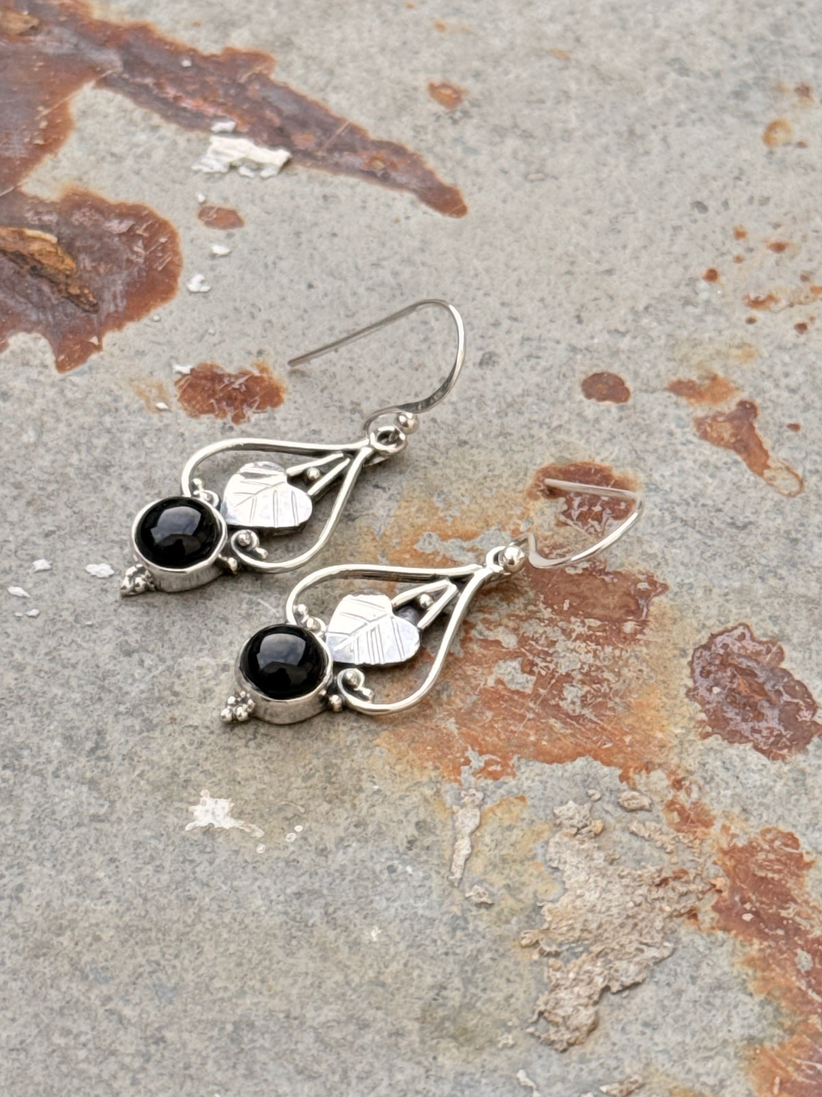 925 Sterling Silver Black Onyx Pear Leaf Rustic Handcrafted Hook Earrings